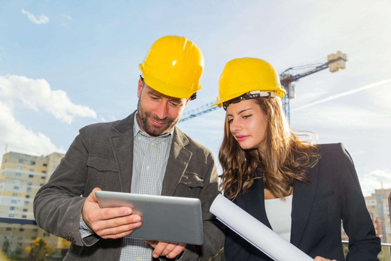 Two people in hard hats looking at a tablet.